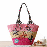 Boho Bag, WovenStraw Basket Bag, Rattan Bag, Blue Starfish - Wild Rose Boho