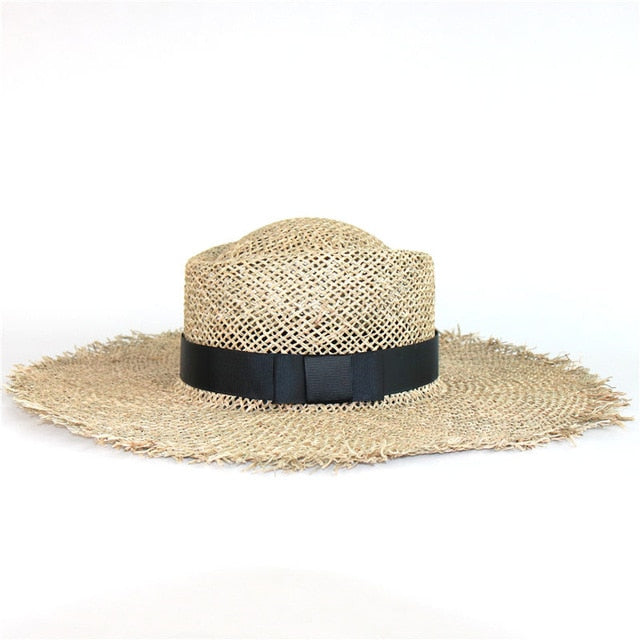 Boho Hat, Sun Hat, Beach Hat, Wide Brim Seagrass Sun Hat, Black Ribbon - Wild Rose Boho